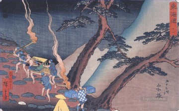 Viajeros por un sendero de montaña por la noche Utagawa Hiroshige Ukiyoe Pinturas al óleo